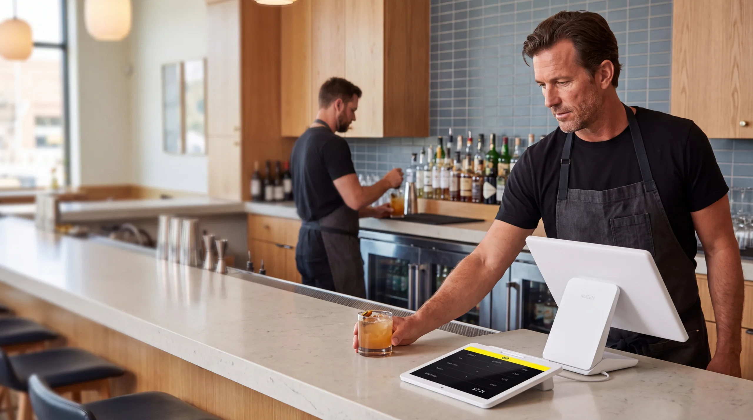 Nhân viên quầy bar dùng máy Go POS, khách quẹt thẻ trên terminal Bamboo Pay